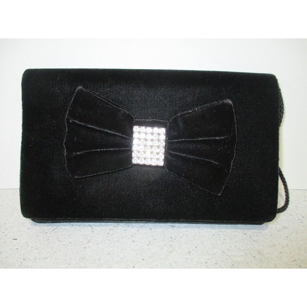 *Vintage Carolyne Barton Black Velvet Rhinestone Bow Evening Wristlet Clutch Bag